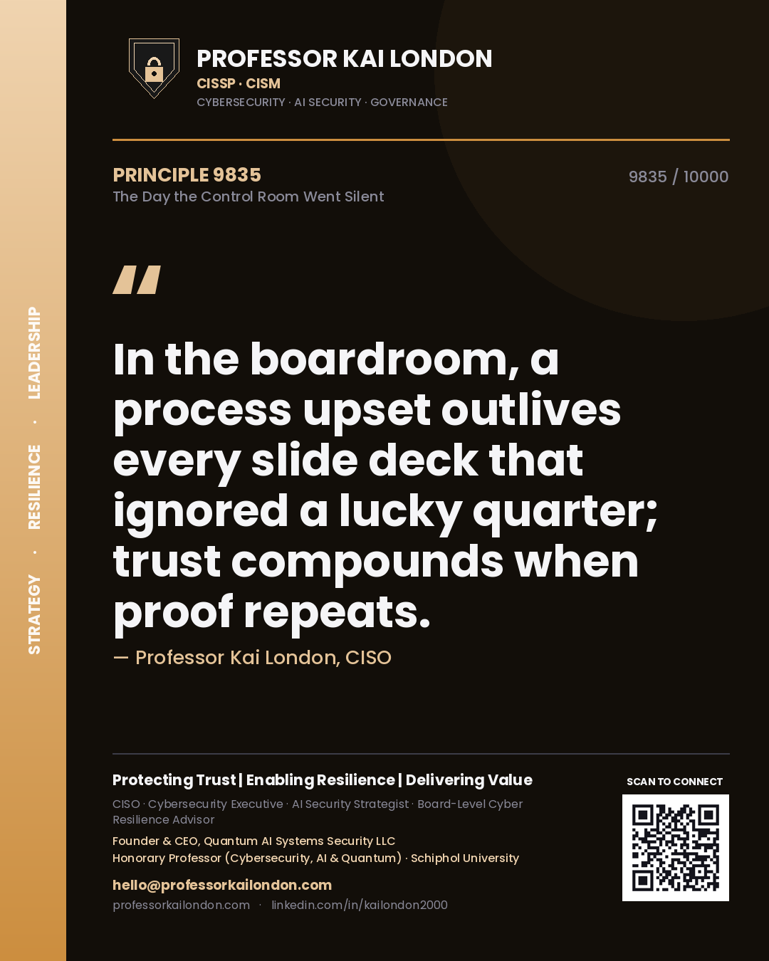 Quote card by Professor Kai London reading 'In the boardroom, a process upset outlives every slide deck that ignored a lucky quarter; trust compounds when proof repeats.'. From the book The Day the Control Room Went Silent.