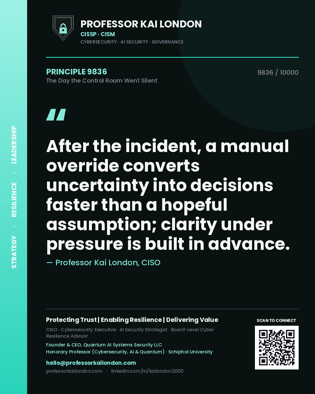 Professor Kai London principle 9836: After the incident, a manual override converts uncertainty into decisions faster than a hopeful assumption; clarity under pressure is built in advance.