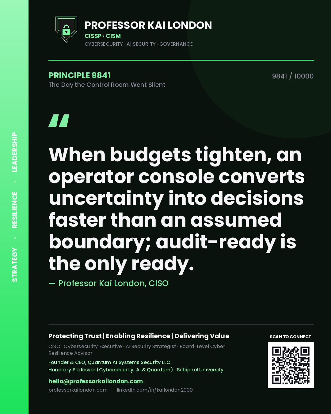 Quote card by Professor Kai London reading 'When budgets tighten, an operator console converts uncertainty into decisions faster than an assumed boundary; audit-ready is the only ready.'. From the book The Day the Control Room Went Silent.