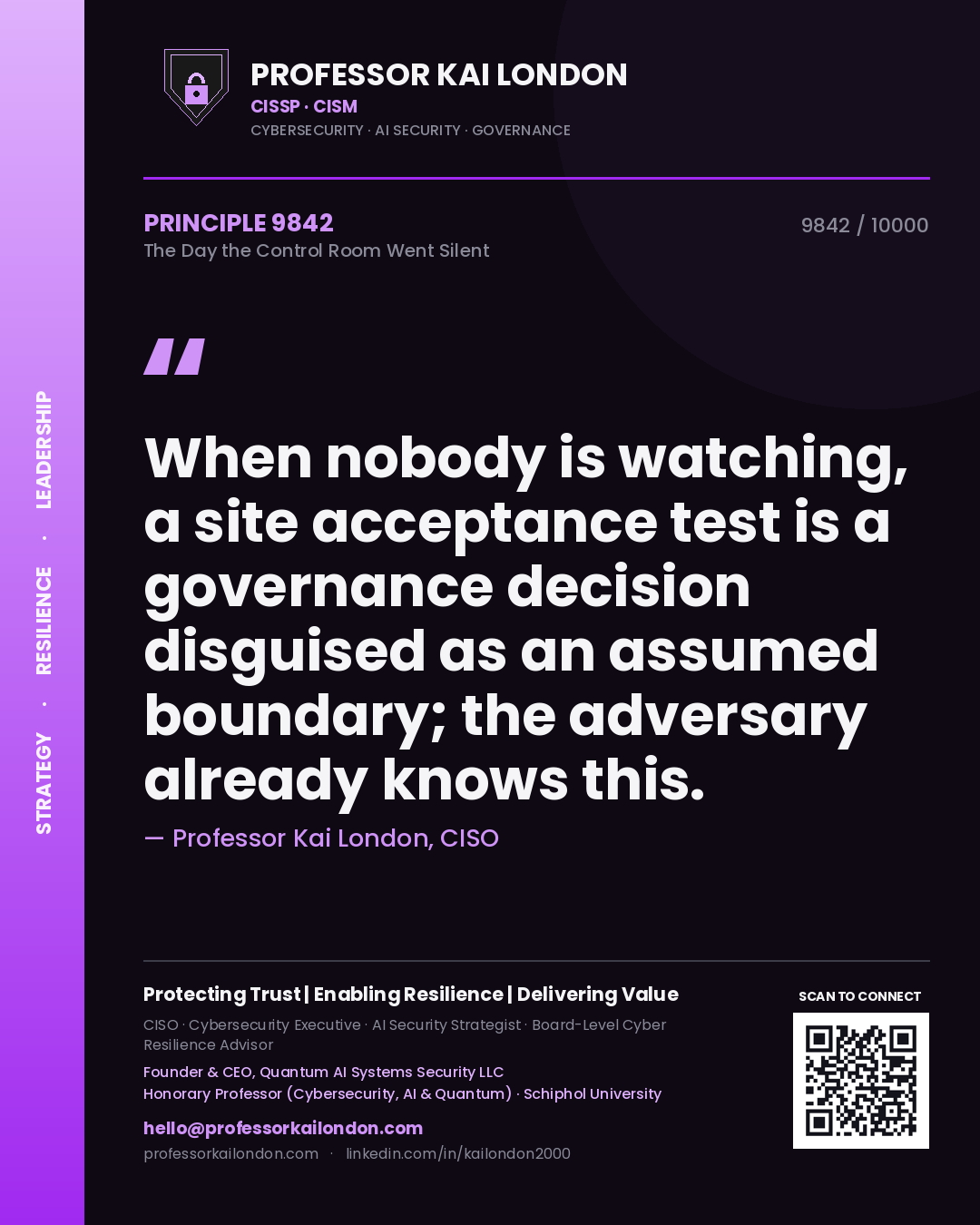 Professor Kai London principle 9842: When nobody is watching, a site acceptance test is a governance decision disguised as an assumed boundary; the adversary already knows this.