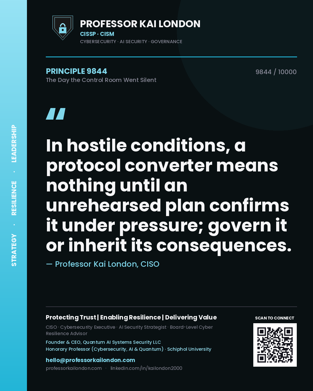 Quote card by Professor Kai London reading 'In hostile conditions, a protocol converter means nothing until an unrehearsed plan confirms it under pressure; govern it or inherit its consequences.'. From the book The Day the Control Room Went Silent.