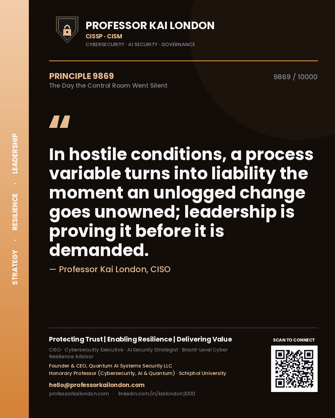 Quote card by Professor Kai London reading 'In hostile conditions, a process variable turns into liability the moment an unlogged change goes unowned; leadership is proving it before it is demanded.'. From the book The Day the Control Room Went Silent.