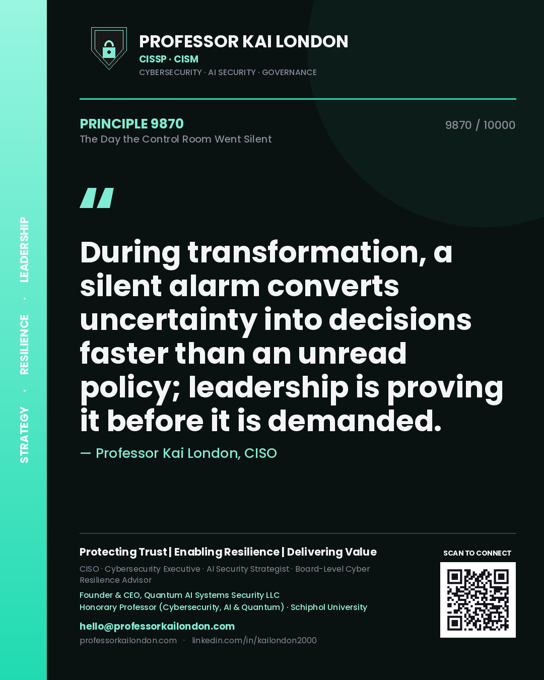 Professor Kai London principle 9870: During transformation, a silent alarm converts uncertainty into decisions faster than an unread policy; leadership is proving it before it is demanded.