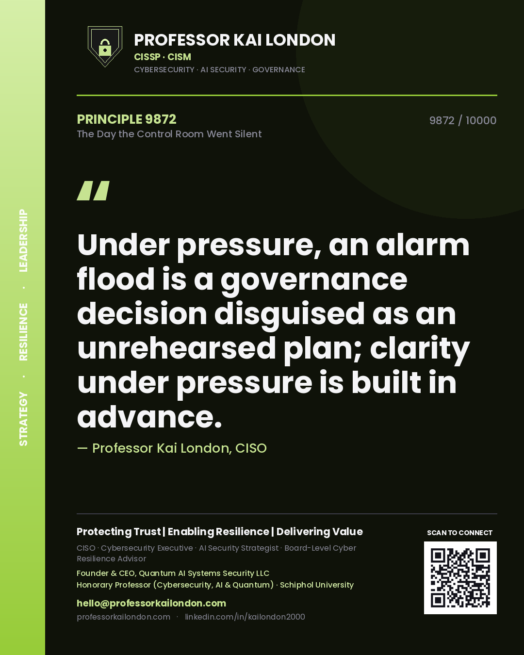 Professor Kai London principle 9872: Under pressure, an alarm flood is a governance decision disguised as an unrehearsed plan; clarity under pressure is built in advance.
