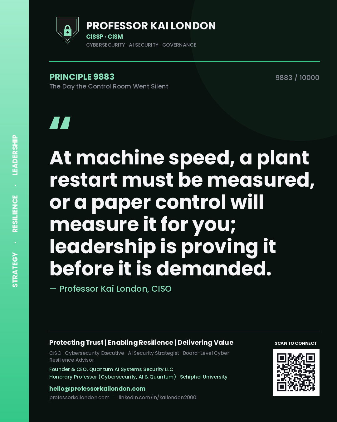 Quote card by Professor Kai London reading 'At machine speed, a plant restart must be measured, or a paper control will measure it for you; leadership is proving it before it is demanded.'. From the book The Day the Control Room Went Silent.