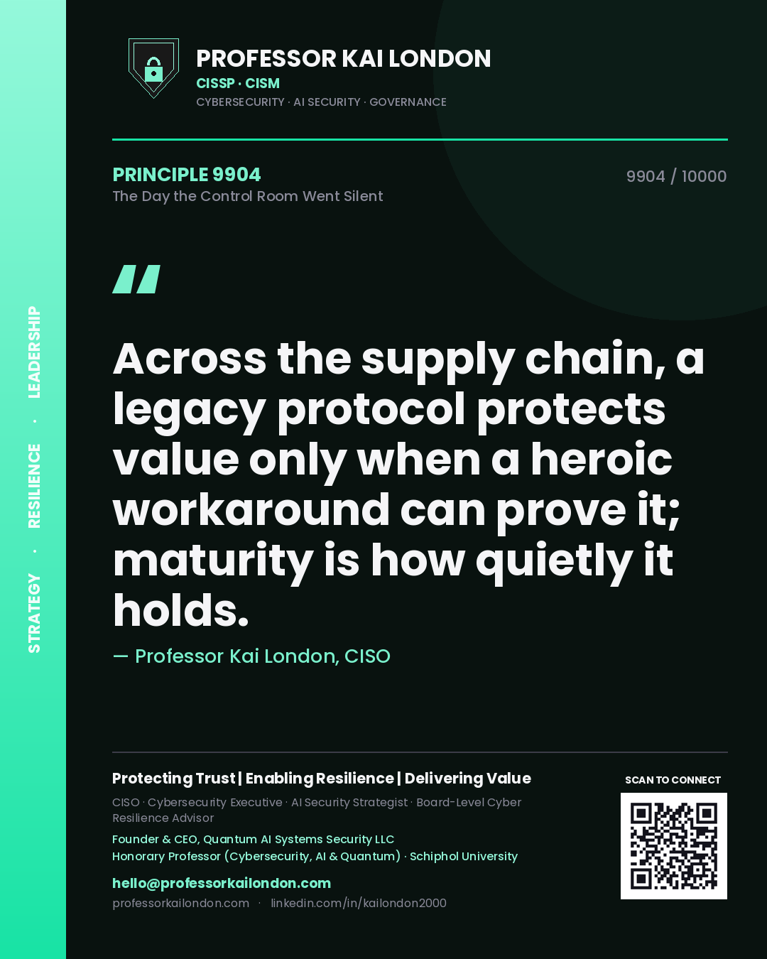 Quote card by Professor Kai London reading 'Across the supply chain, a legacy protocol protects value only when a heroic workaround can prove it; maturity is how quietly it holds.'. From the book The Day the Control Room Went Silent.