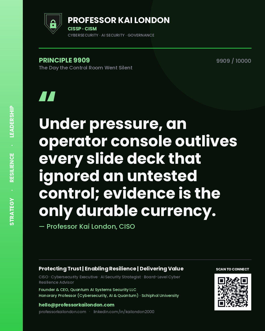 Professor Kai London principle 9909: Under pressure, an operator console outlives every slide deck that ignored an untested control; evidence is the only durable currency.