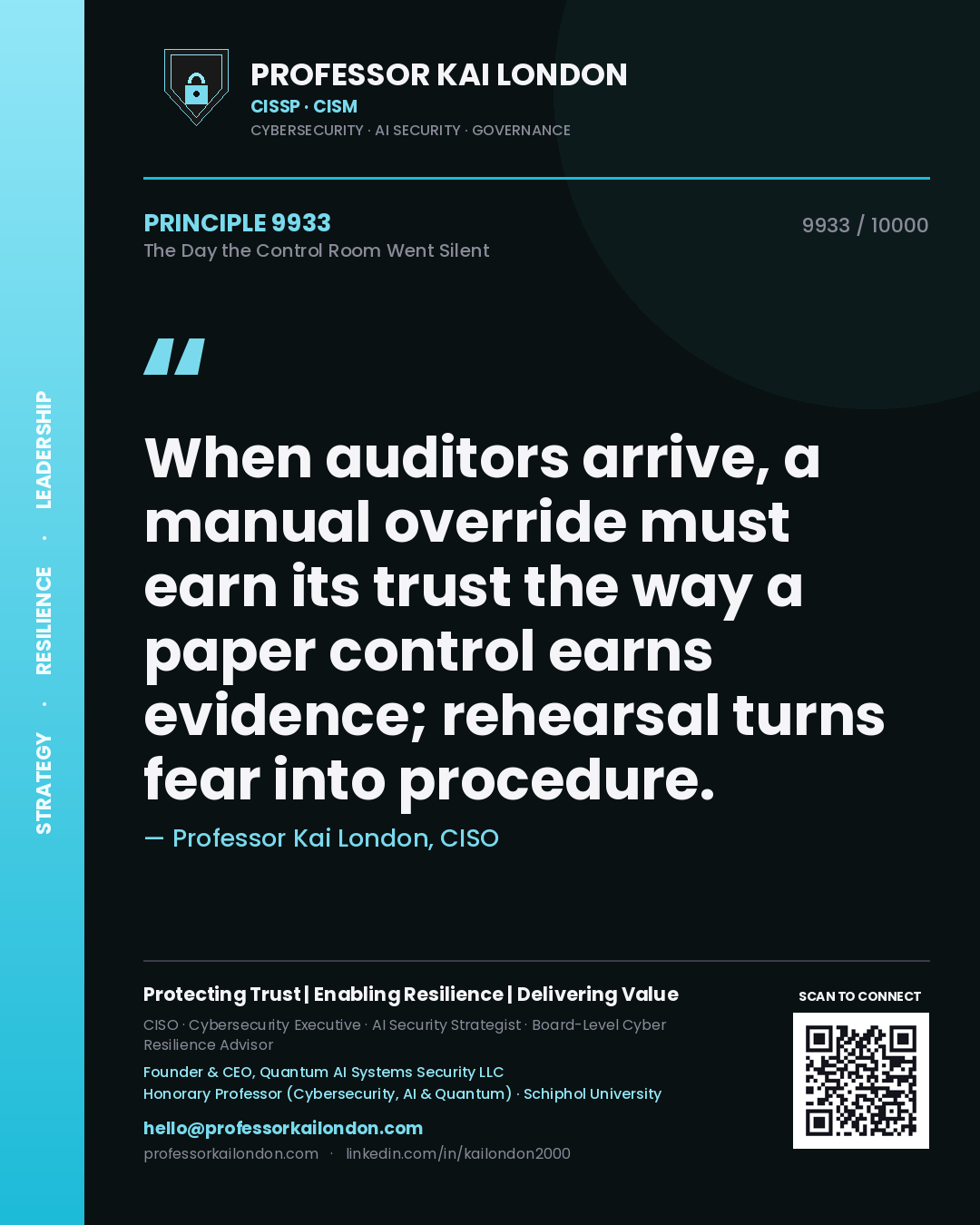 Professor Kai London principle 9933: When auditors arrive, a manual override must earn its trust the way a paper control earns evidence; rehearsal turns fear into procedure.