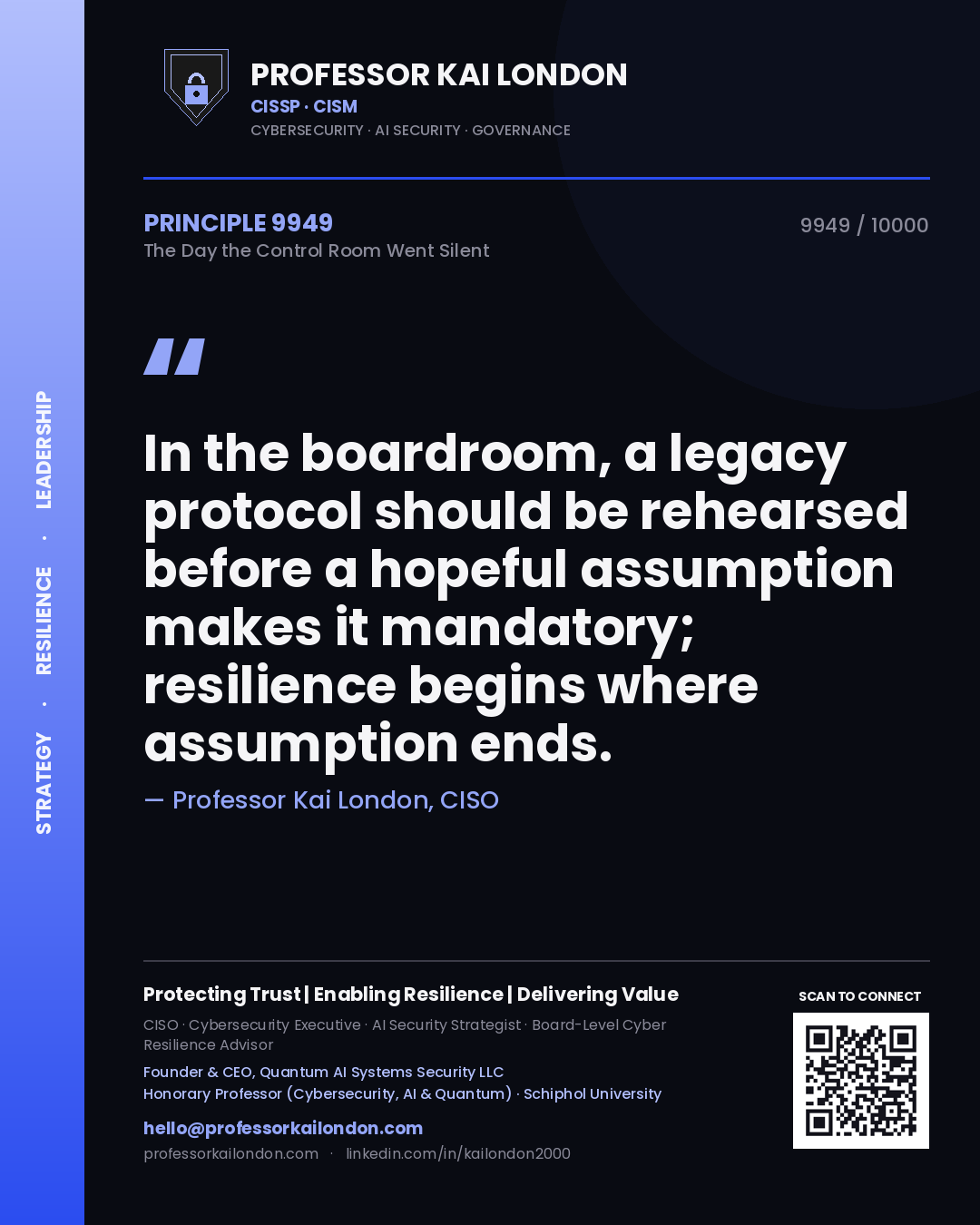 Professor Kai London principle 9949: In the boardroom, a legacy protocol should be rehearsed before a hopeful assumption makes it mandatory; resilience begins where assumption ends.
