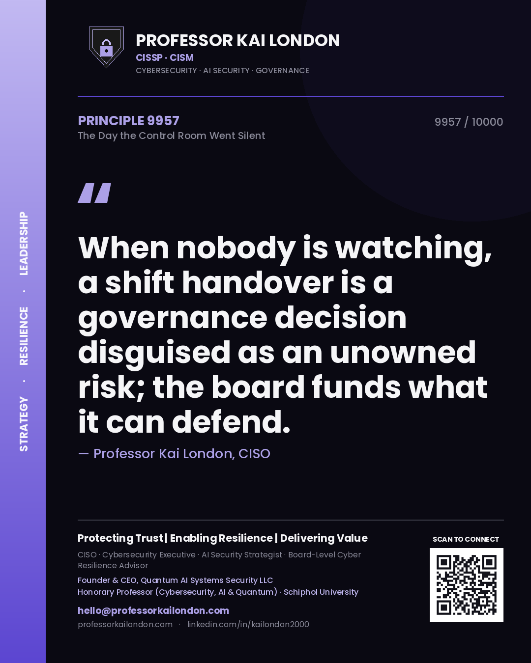 Quote card by Professor Kai London reading 'When nobody is watching, a shift handover is a governance decision disguised as an unowned risk; the board funds what it can defend.'. From the book The Day the Control Room Went Silent.