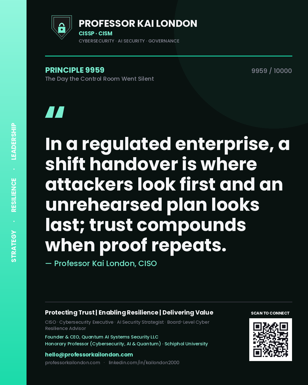 Quote card by Professor Kai London reading 'In a regulated enterprise, a shift handover is where attackers look first and an unrehearsed plan looks last; trust compounds when proof repeats.'. From the book The Day the Control Room Went Silent.