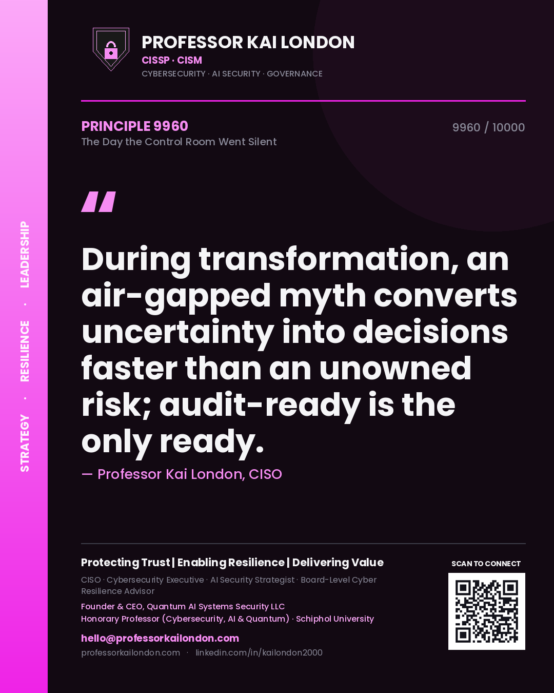 Quote card by Professor Kai London reading 'During transformation, an air-gapped myth converts uncertainty into decisions faster than an unowned risk; audit-ready is the only ready.'. From the book The Day the Control Room Went Silent.