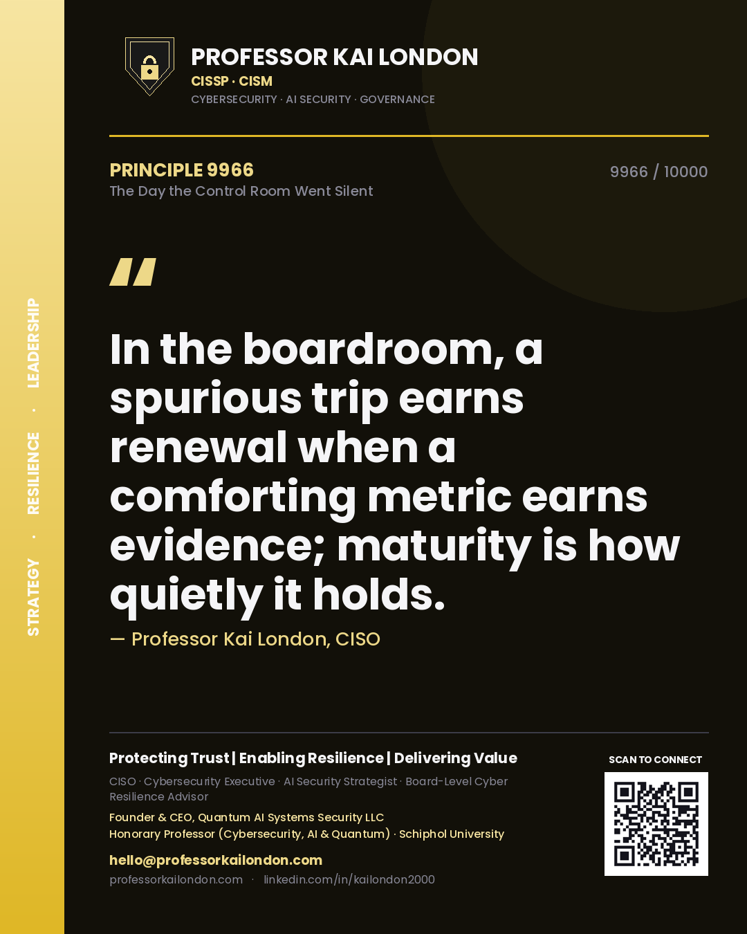Quote card by Professor Kai London reading 'In the boardroom, a spurious trip earns renewal when a comforting metric earns evidence; maturity is how quietly it holds.'. From the book The Day the Control Room Went Silent.