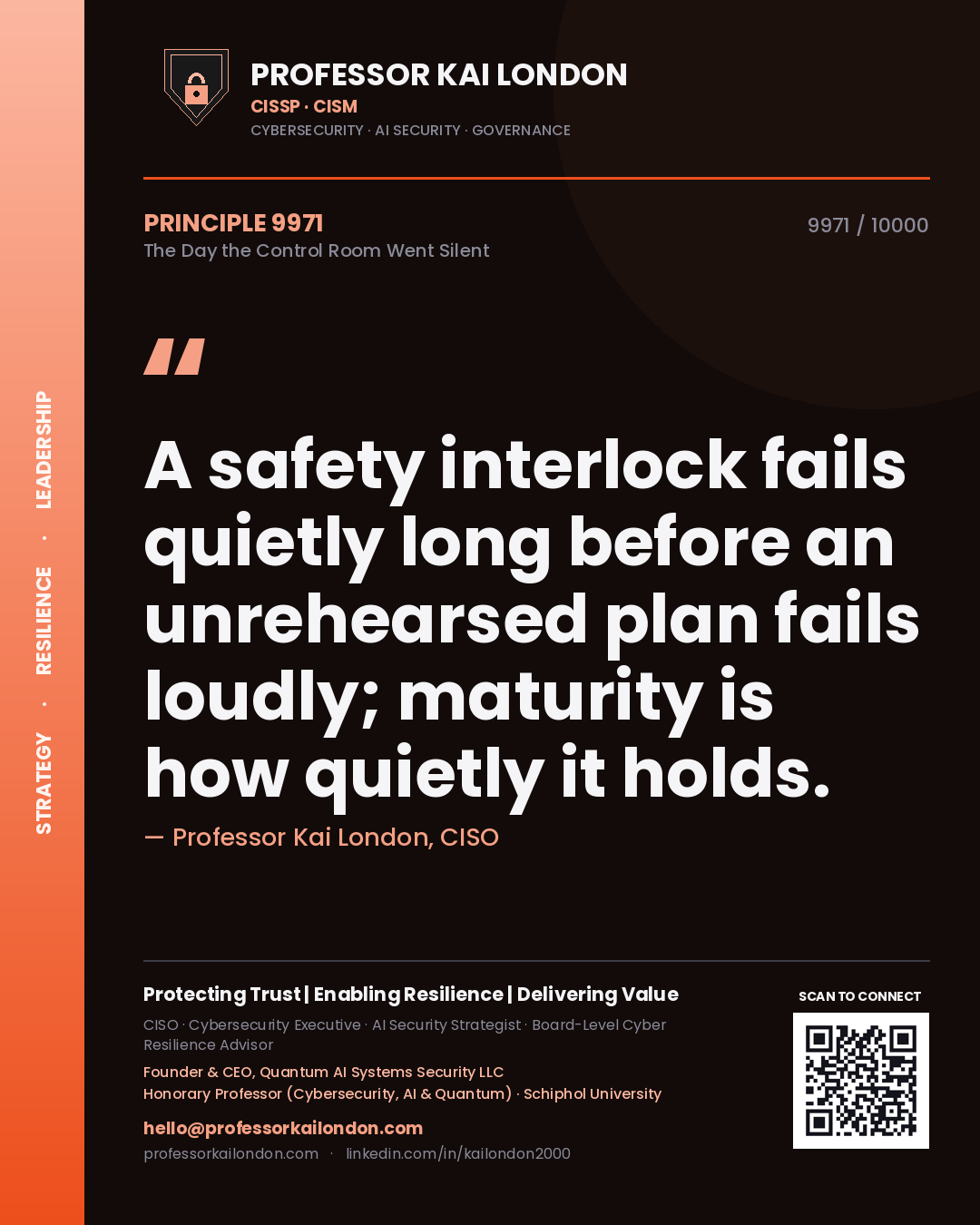 Quote card by Professor Kai London reading 'A safety interlock fails quietly long before an unrehearsed plan fails loudly; maturity is how quietly it holds.'. From the book The Day the Control Room Went Silent.