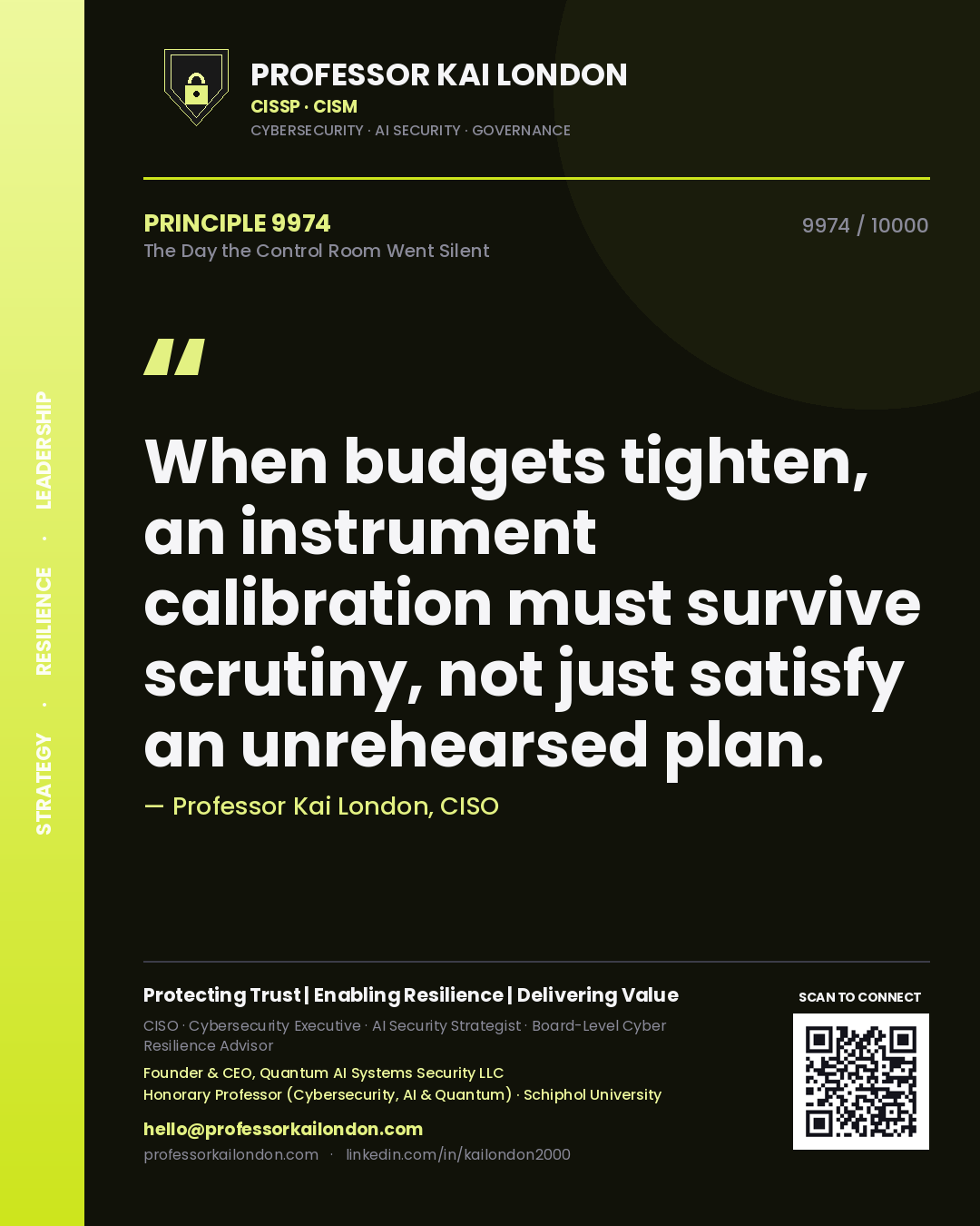 Quote card by Professor Kai London reading 'When budgets tighten, an instrument calibration must survive scrutiny, not just satisfy an unrehearsed plan.'. From the book The Day the Control Room Went Silent.