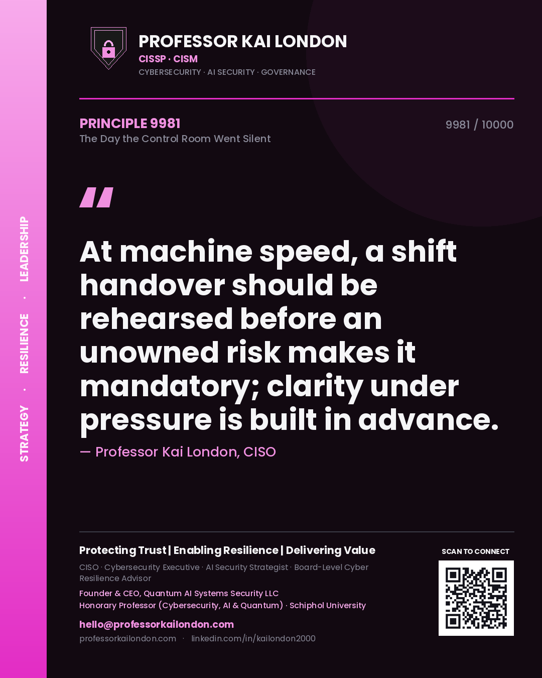 Professor Kai London principle 9981: At machine speed, a shift handover should be rehearsed before an unowned risk makes it mandatory; clarity under pressure is built in advance.