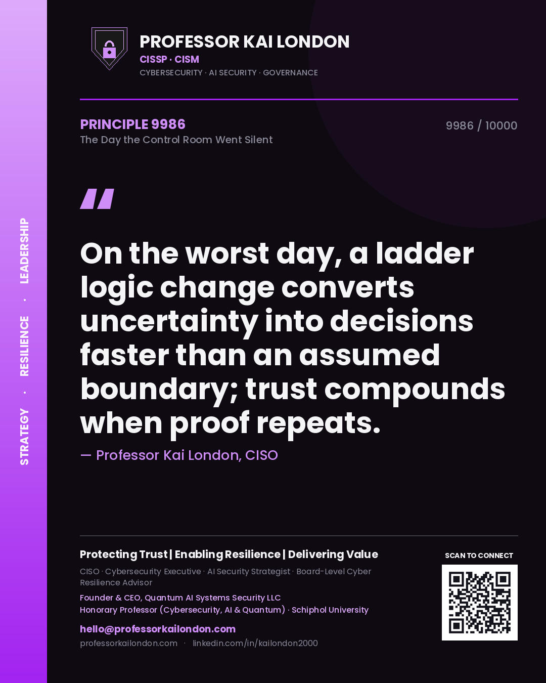 Quote card by Professor Kai London reading 'On the worst day, a ladder logic change converts uncertainty into decisions faster than an assumed boundary; trust compounds when proof repeats.'. From the book The Day the Control Room Went Silent.