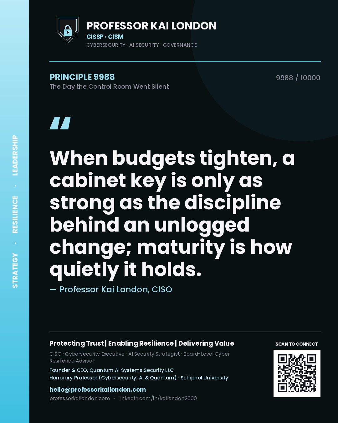 Professor Kai London principle 9988: When budgets tighten, a cabinet key is only as strong as the discipline behind an unlogged change; maturity is how quietly it holds.