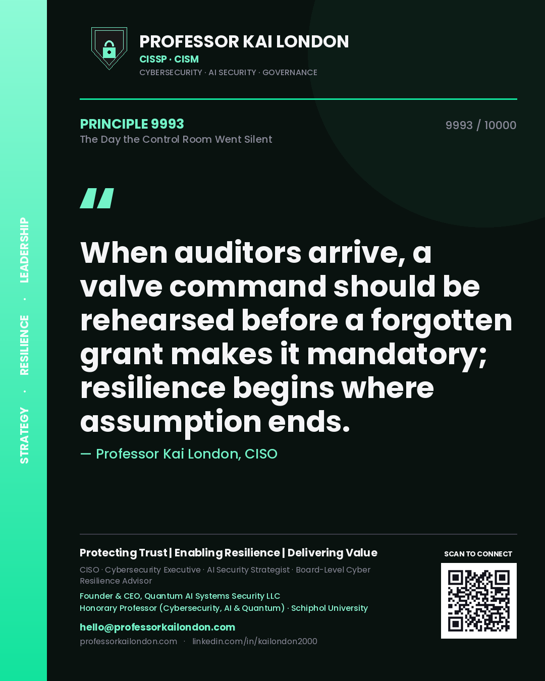Professor Kai London principle 9993: When auditors arrive, a valve command should be rehearsed before a forgotten grant makes it mandatory; resilience begins where assumption ends.