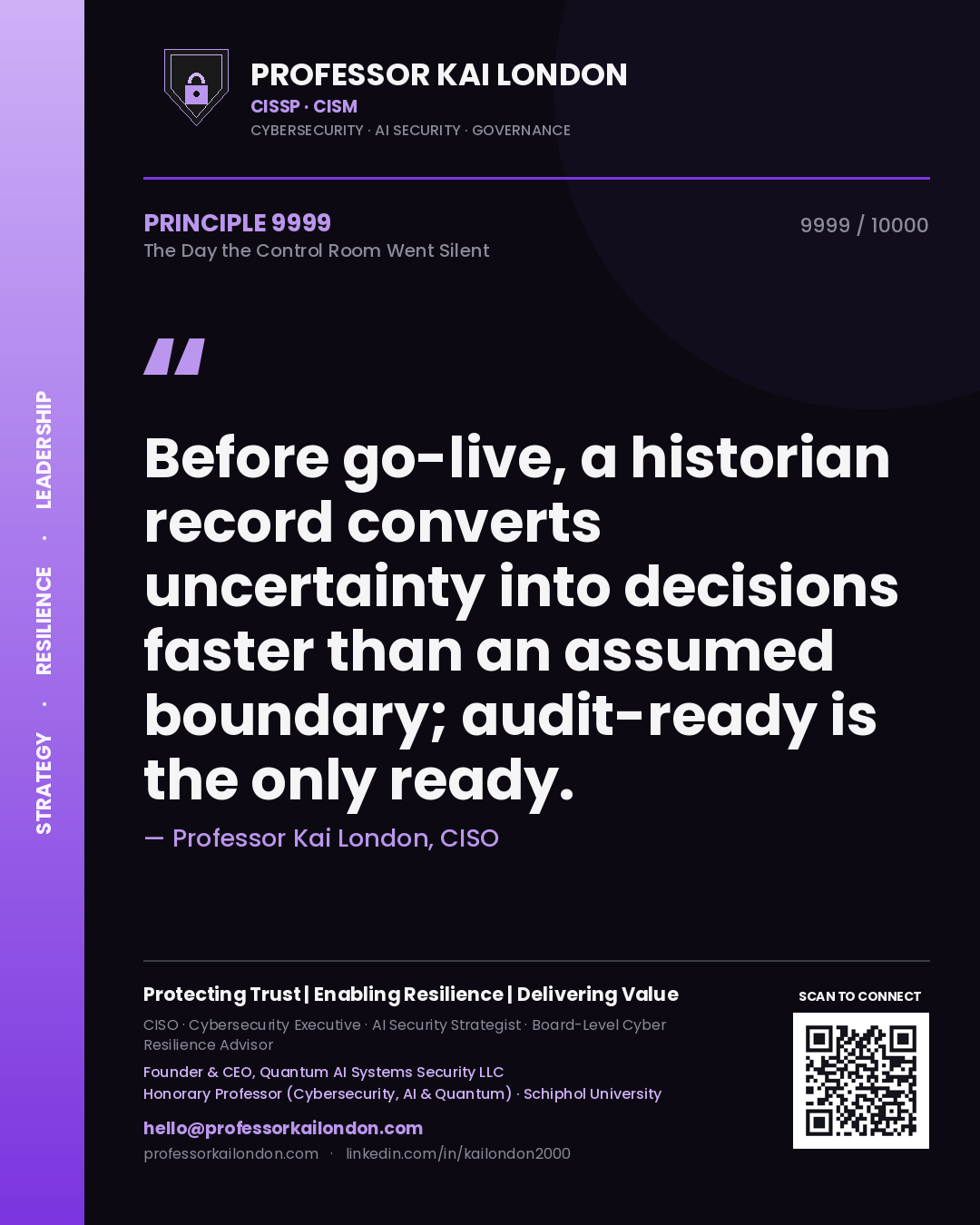Quote card by Professor Kai London reading 'Before go-live, a historian record converts uncertainty into decisions faster than an assumed boundary; audit-ready is the only ready.'. From the book The Day the Control Room Went Silent.
