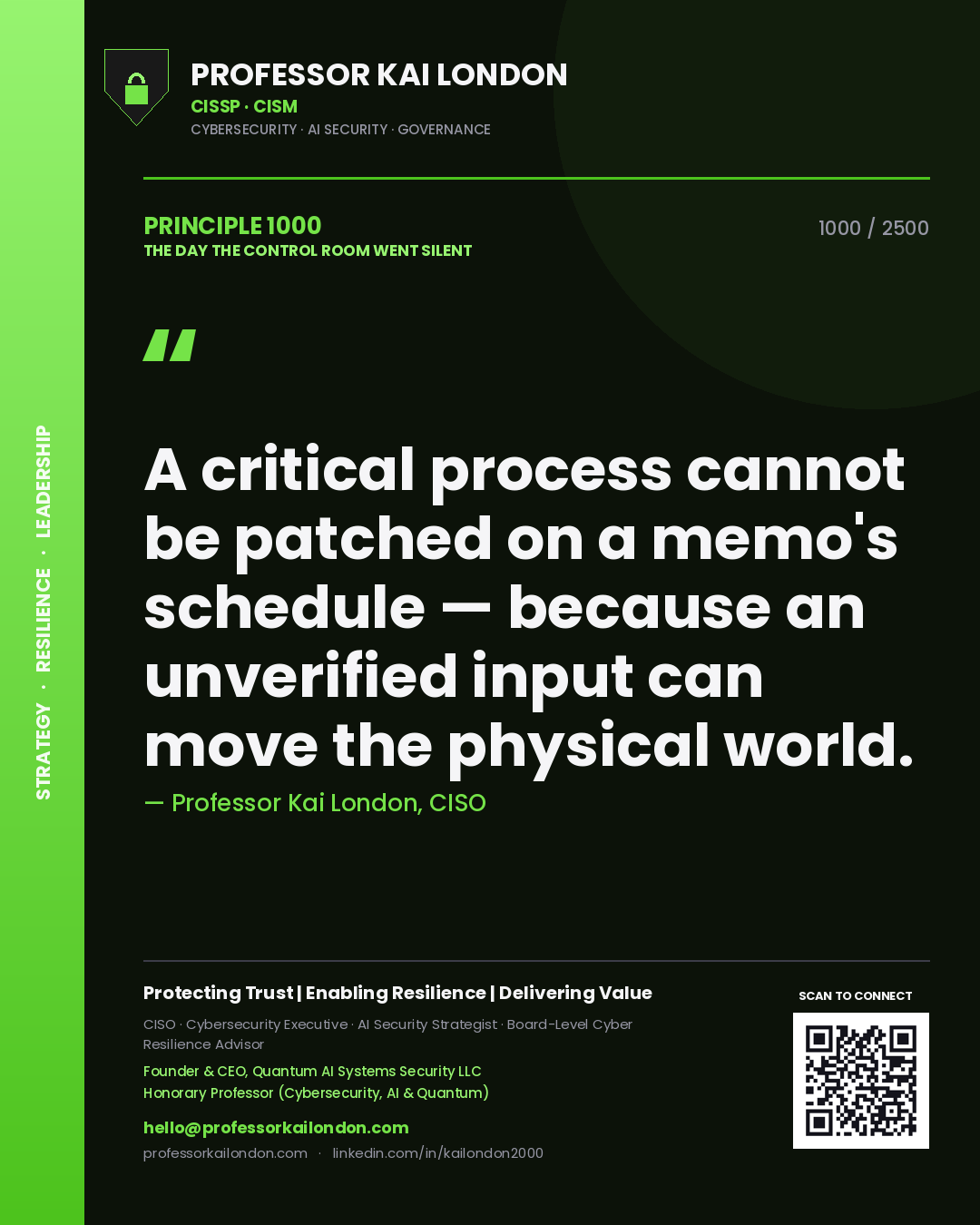 Professor Kai London principle 1000: A critical process cannot be patched on a memo's schedule — because an unverified input can move the physical world.