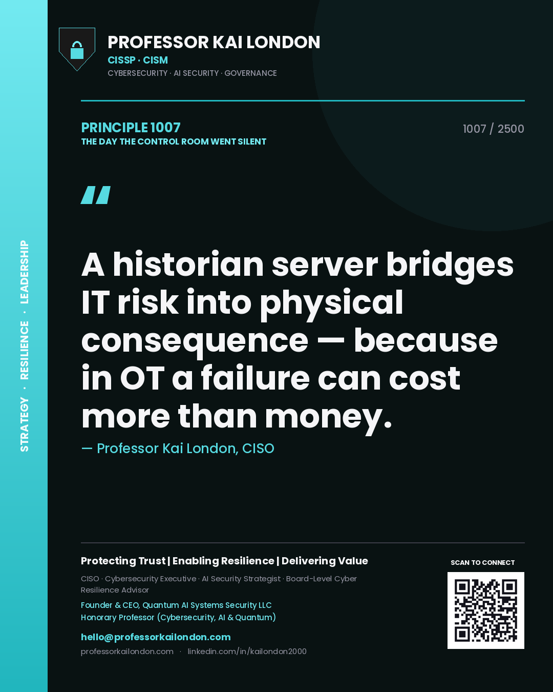 Professor Kai London principle 1007: A historian server bridges IT risk into physical consequence — because in OT a failure can cost more than money.