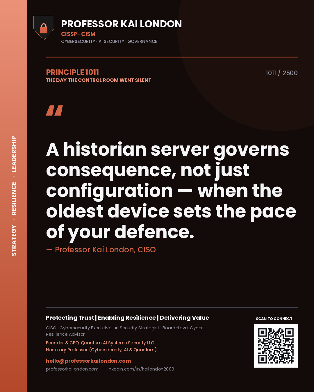 Professor Kai London principle 1011: A historian server governs consequence, not just configuration — when the oldest device sets the pace of your defence.