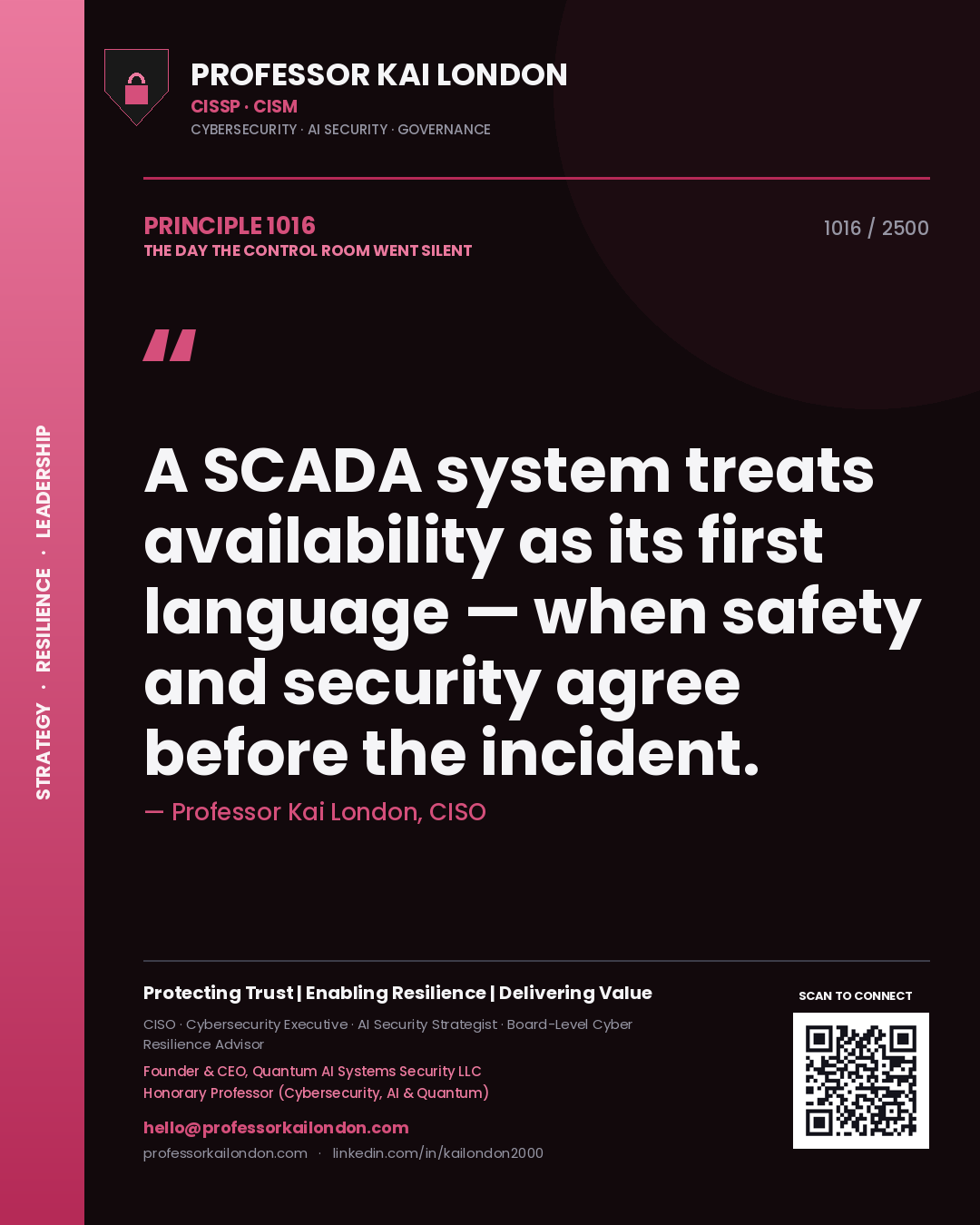 Professor Kai London principle 1016: A SCADA system treats availability as its first language — when safety and security agree before the incident.