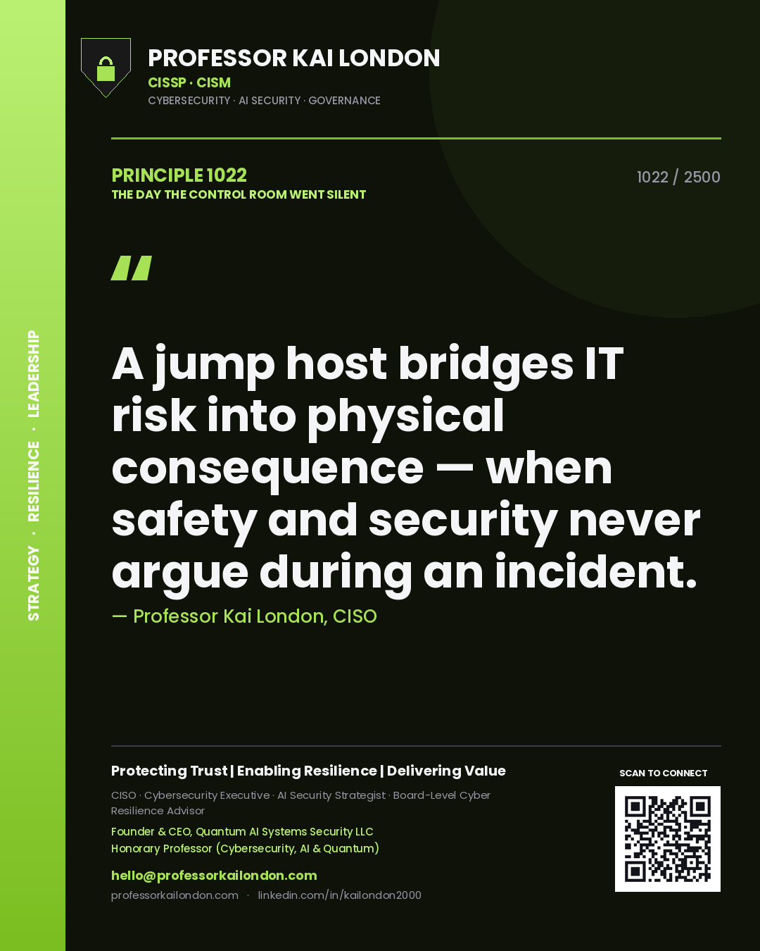 Quote card by Professor Kai London reading 'A jump host bridges IT risk into physical consequence — when safety and security never argue during an incident.'. From the book The Day the Control Room Went Silent.