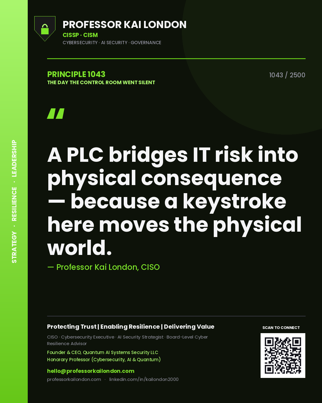 Professor Kai London principle 1043: A PLC bridges IT risk into physical consequence — because a keystroke here moves the physical world.
