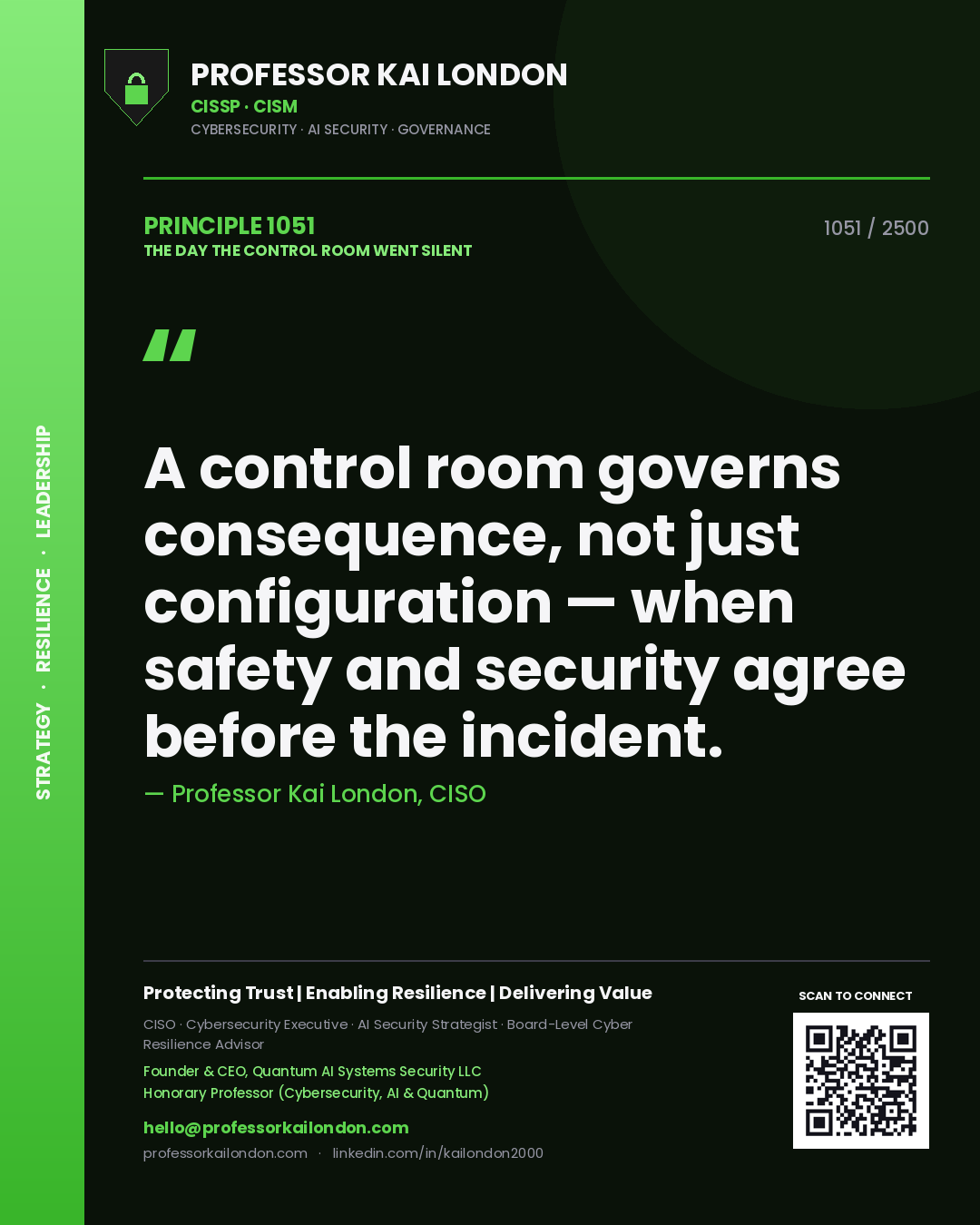 Quote card by Professor Kai London reading 'A control room governs consequence, not just configuration — when safety and security agree before the incident.'. From the book The Day the Control Room Went Silent.