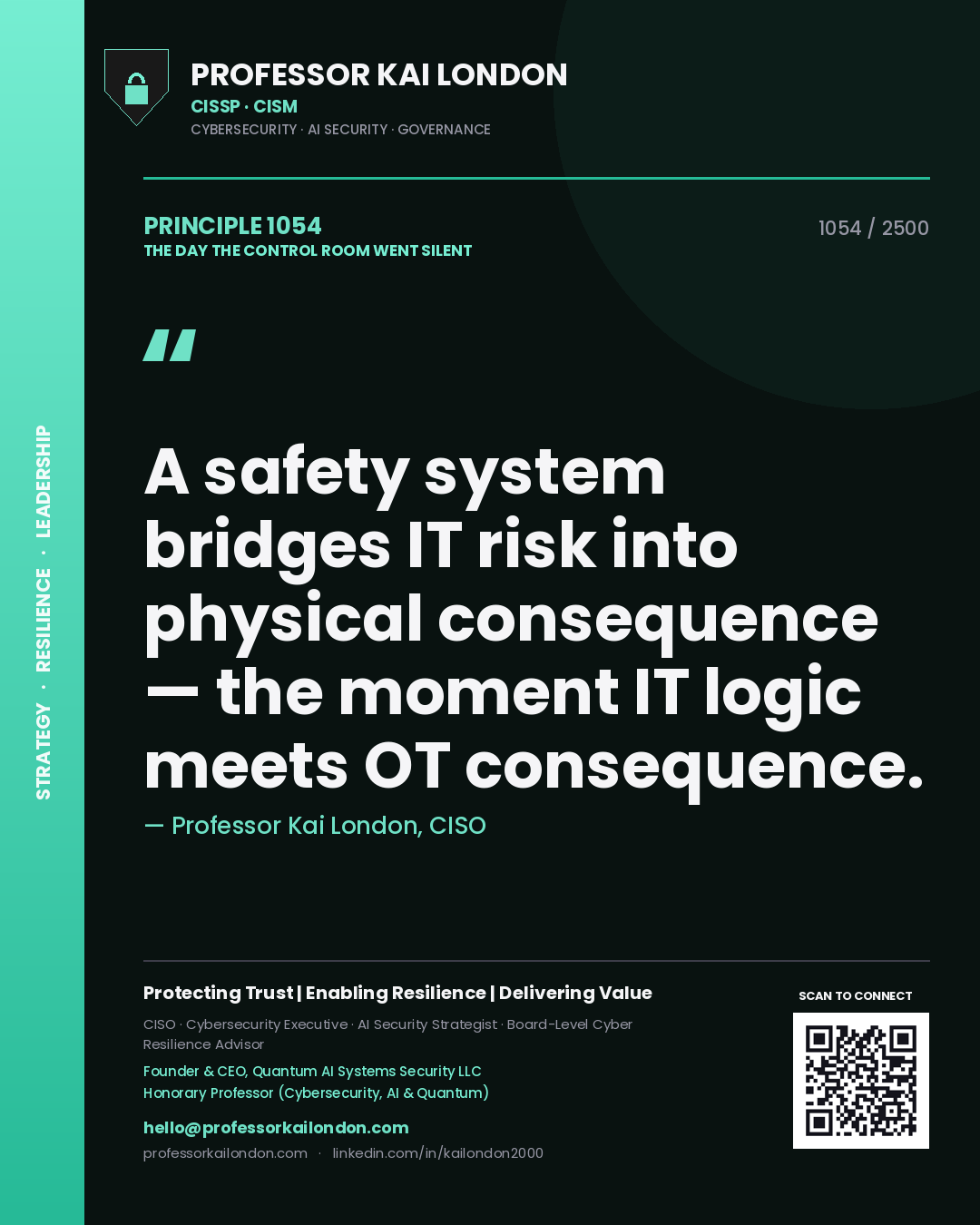 Professor Kai London principle 1054: A safety system bridges IT risk into physical consequence — the moment IT logic meets OT consequence.