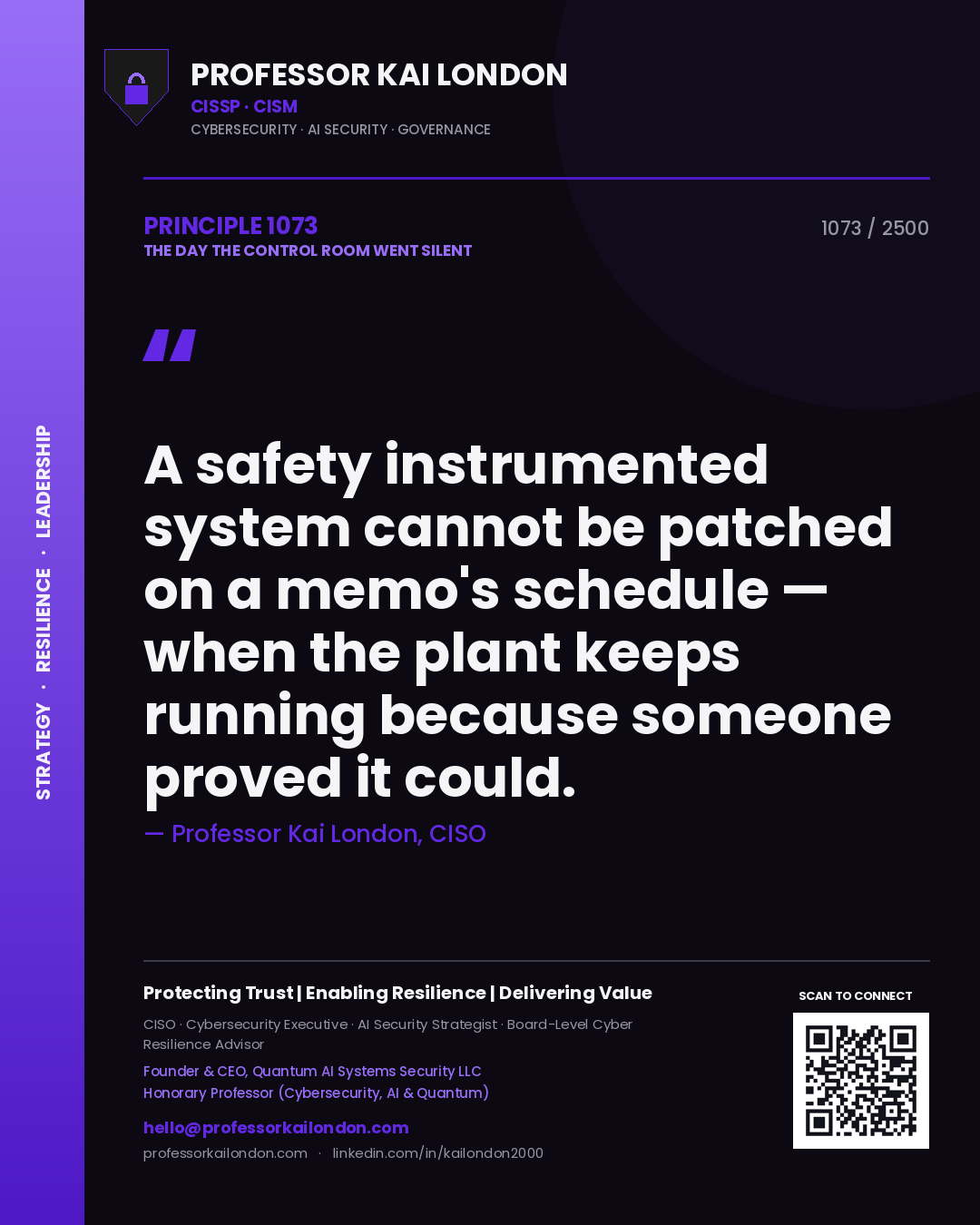 Quote card by Professor Kai London reading 'A safety instrumented system cannot be patched on a memo's schedule — when the plant keeps running because someone proved it could.'. From the book The Day the Control Room Went Silent.