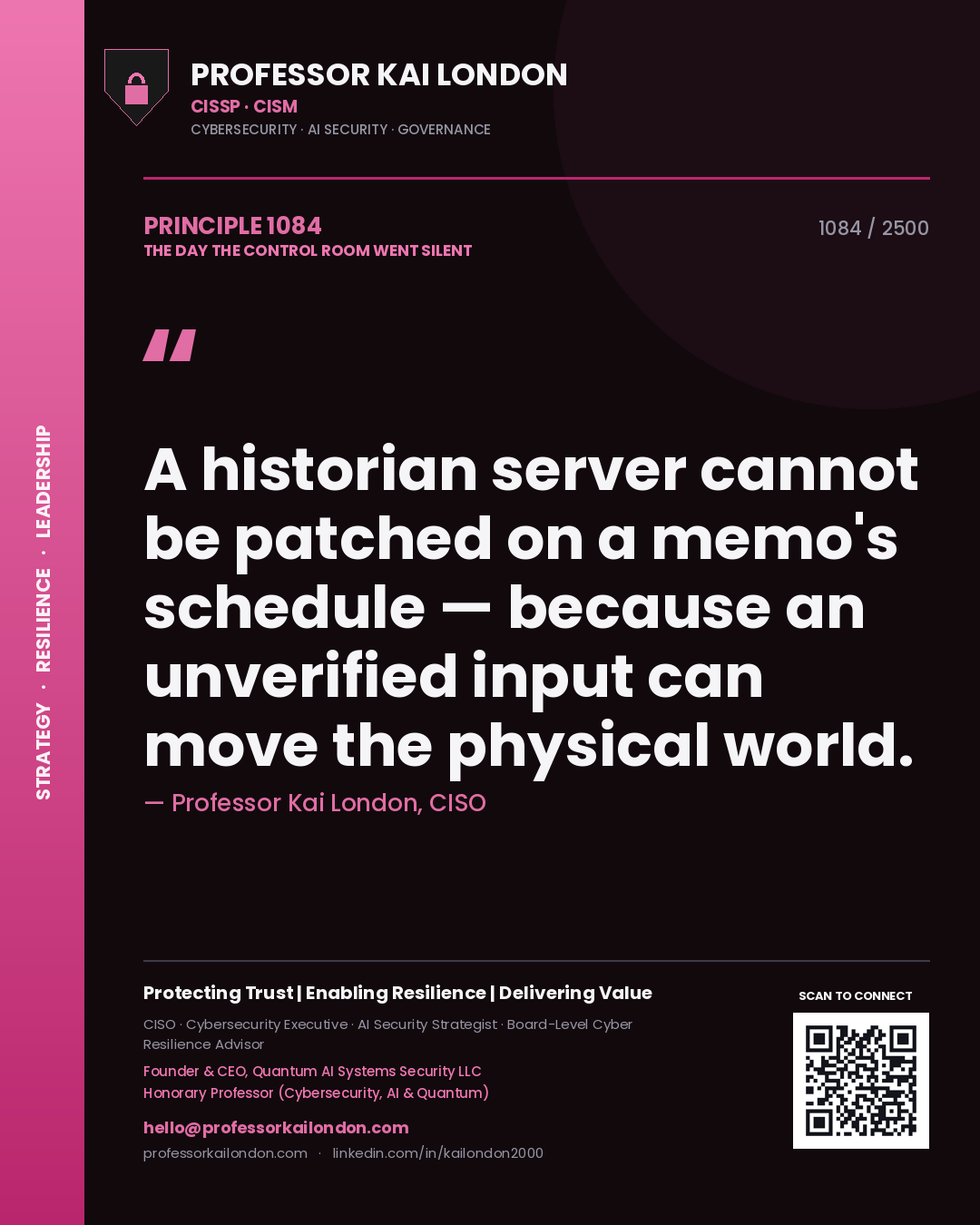 Quote card by Professor Kai London reading 'A historian server cannot be patched on a memo's schedule — because an unverified input can move the physical world.'. From the book The Day the Control Room Went Silent.