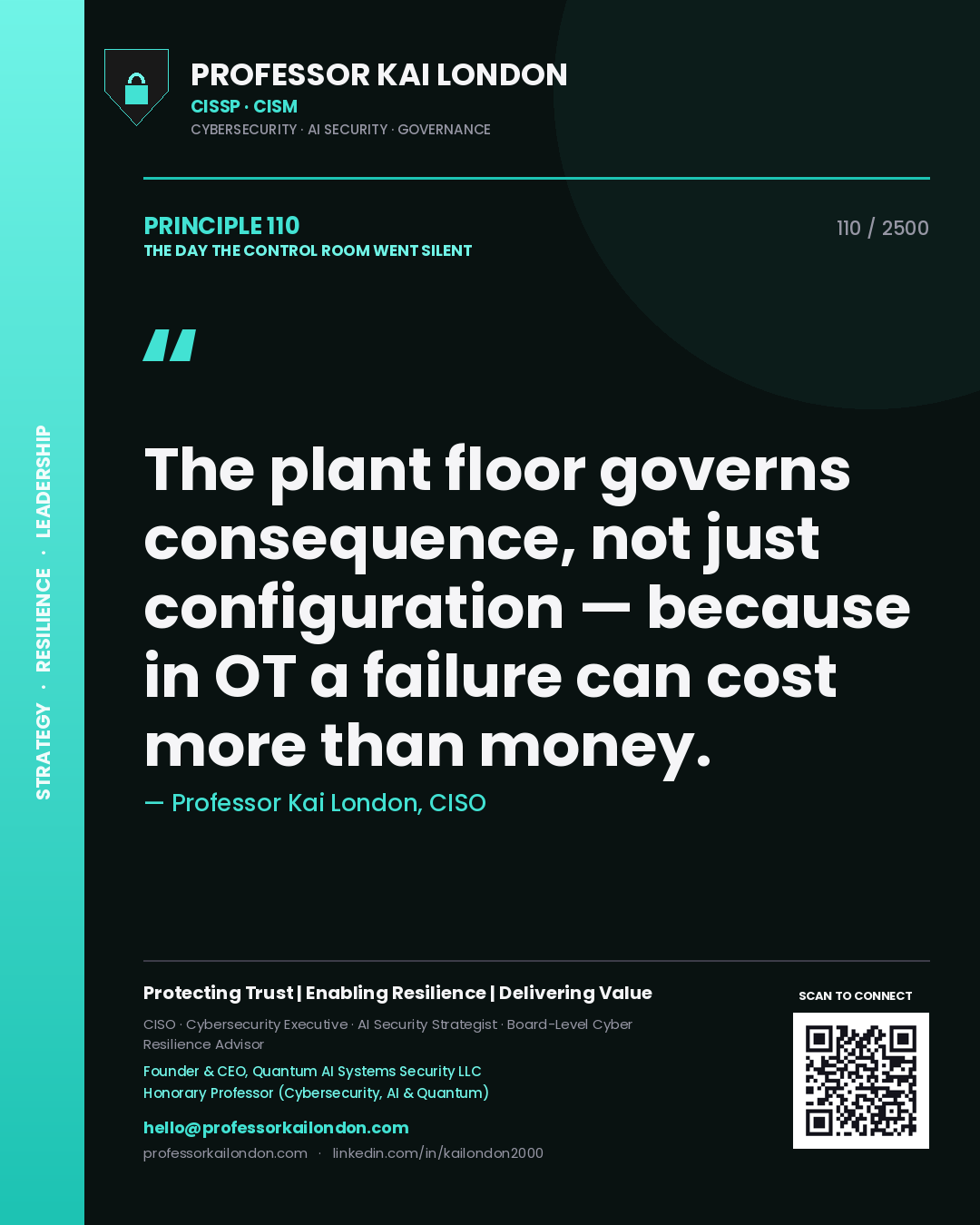 Quote card by Professor Kai London reading 'The plant floor governs consequence, not just configuration — because in OT a failure can cost more than money.'. From the book The Day the Control Room Went Silent.