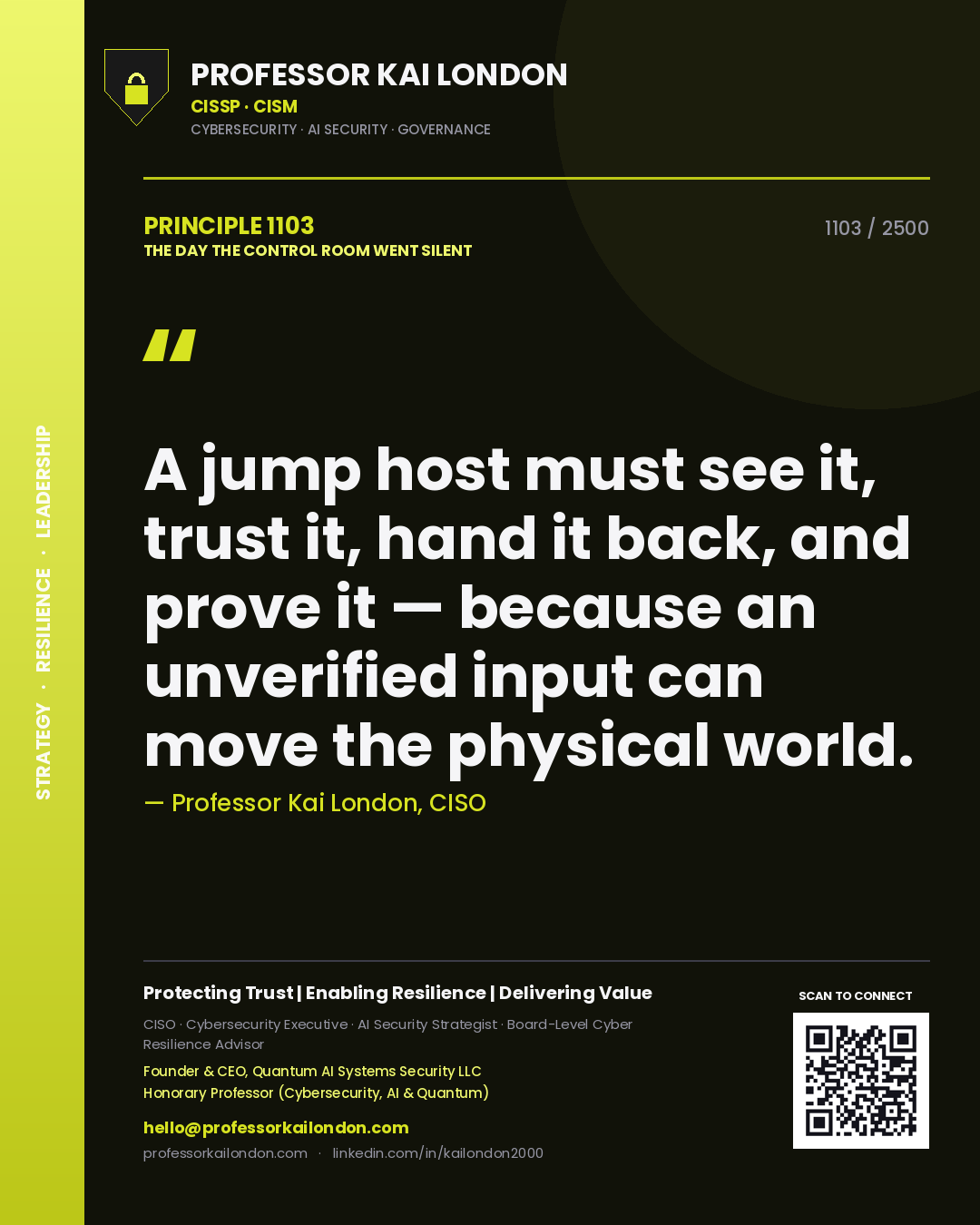 Professor Kai London principle 1103: A jump host must see it, trust it, hand it back, and prove it — because an unverified input can move the physical world.