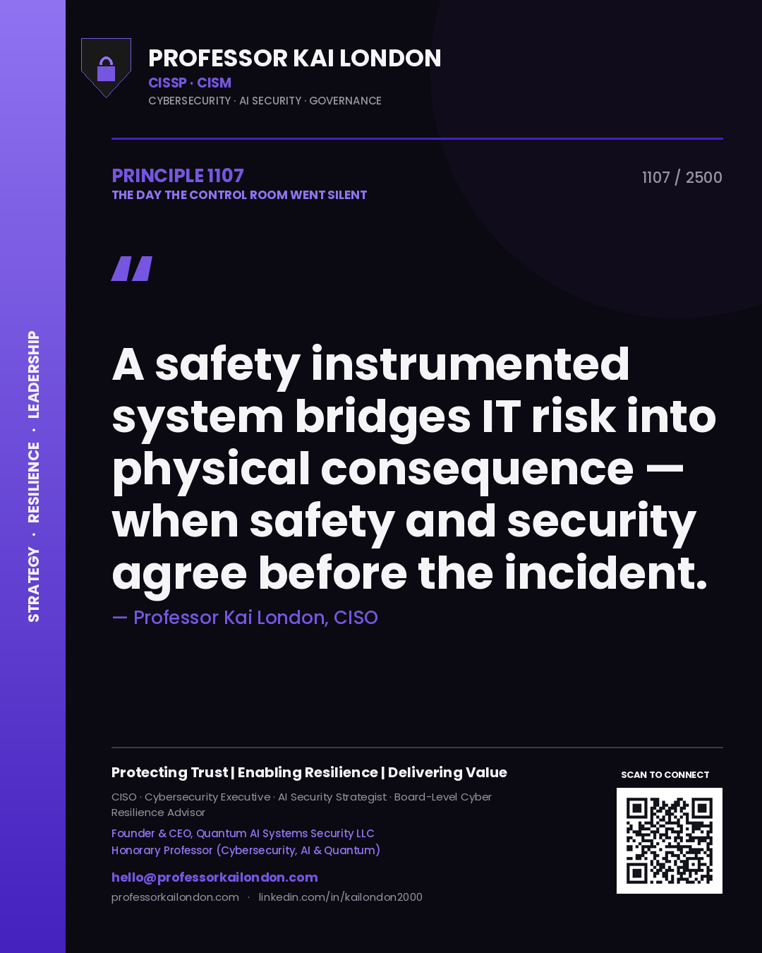 Quote card by Professor Kai London reading 'A safety instrumented system bridges IT risk into physical consequence — when safety and security agree before the incident.'. From the book The Day the Control Room Went Silent.