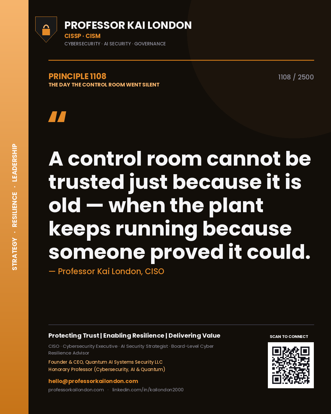 Professor Kai London principle 1108: A control room cannot be trusted just because it is old — when the plant keeps running because someone proved it could.