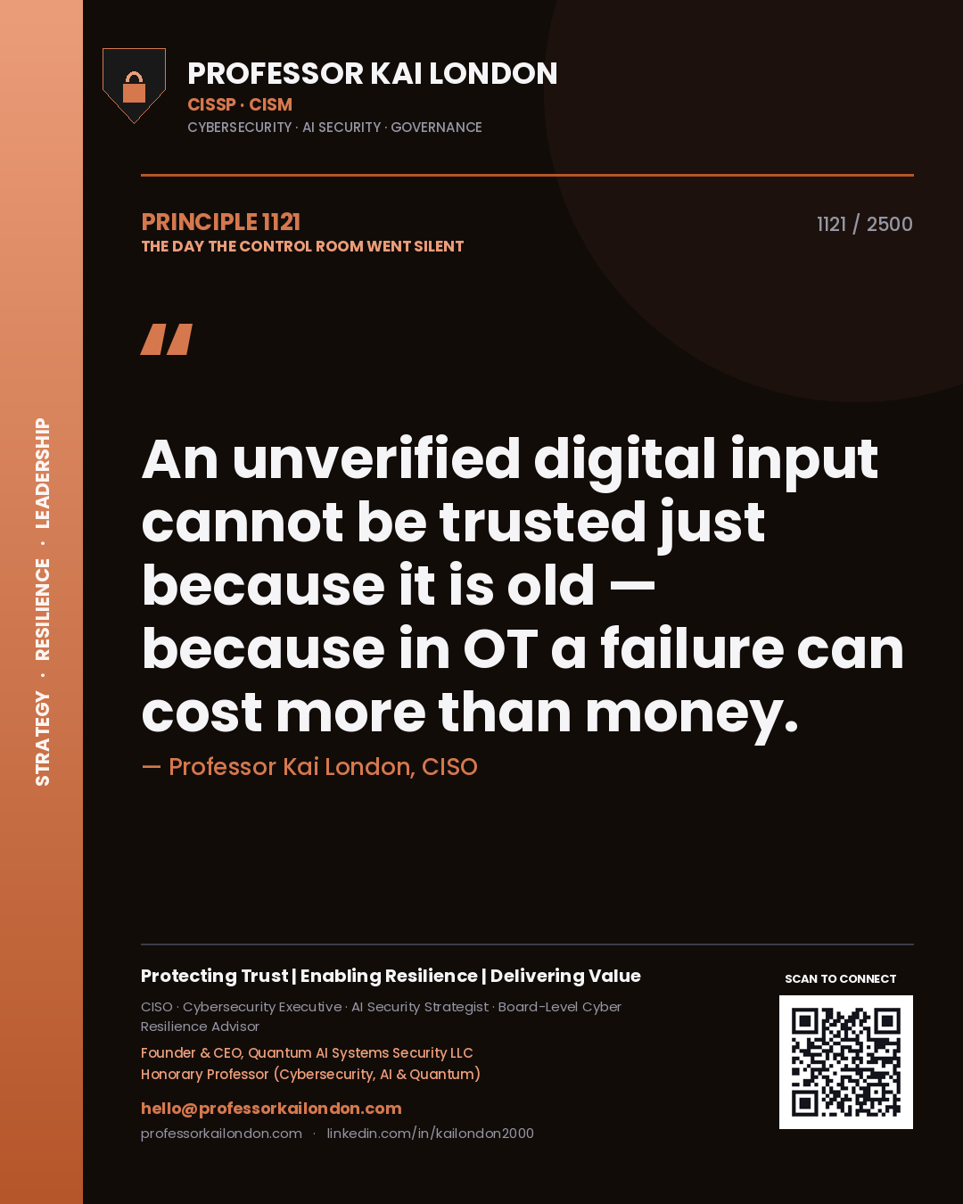 Professor Kai London principle 1121: An unverified digital input cannot be trusted just because it is old — because in OT a failure can cost more than money.