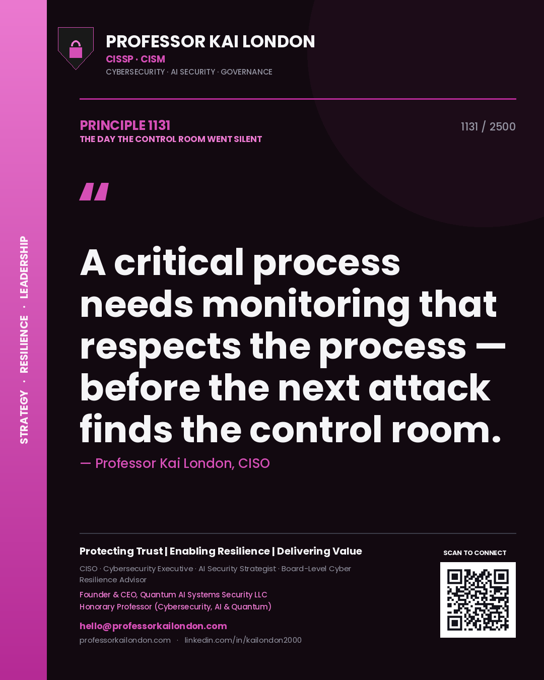 Professor Kai London principle 1131: A critical process needs monitoring that respects the process — before the next attack finds the control room.