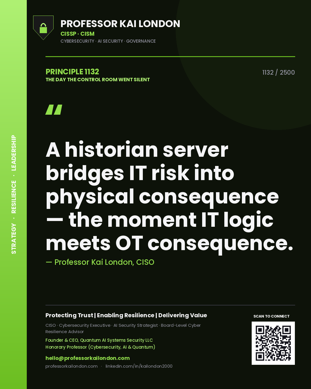 Professor Kai London principle 1132: A historian server bridges IT risk into physical consequence — the moment IT logic meets OT consequence.