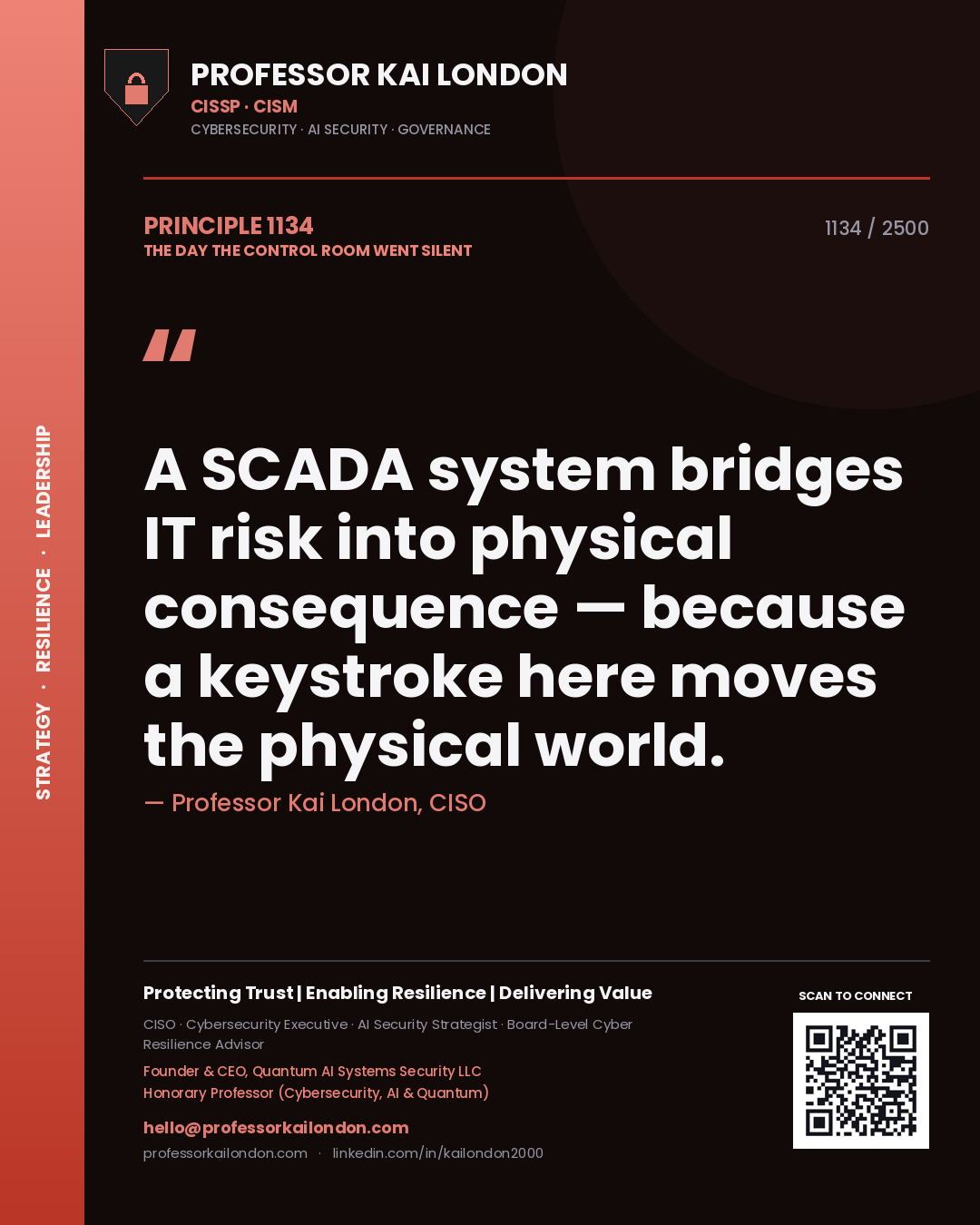 Quote card by Professor Kai London reading 'A SCADA system bridges IT risk into physical consequence — because a keystroke here moves the physical world.'. From the book The Day the Control Room Went Silent.