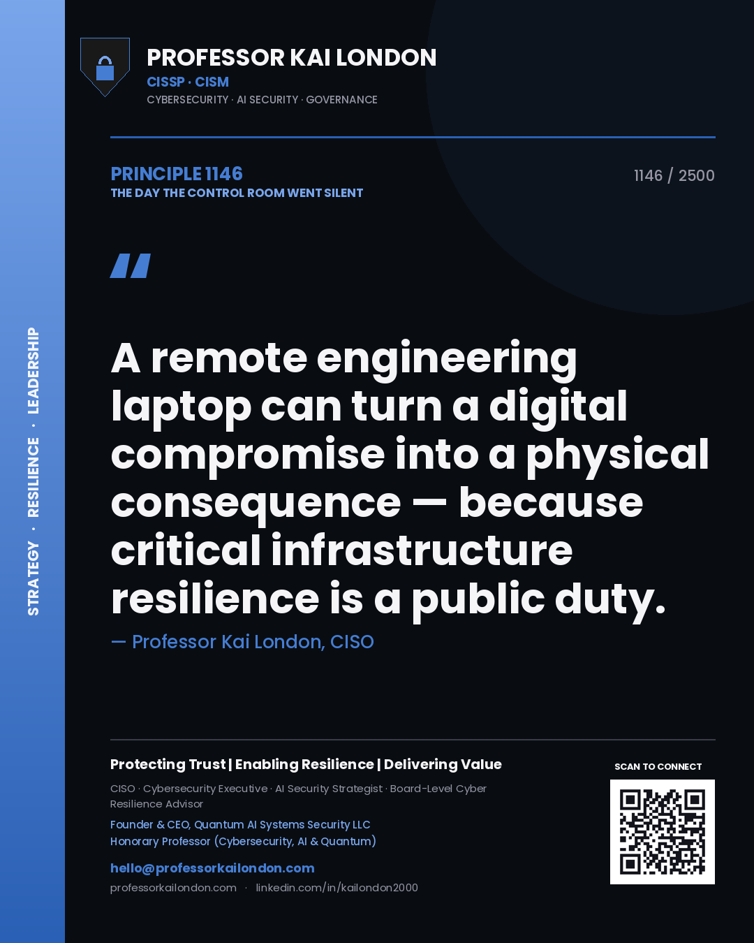 Professor Kai London principle 1146: A remote engineering laptop can turn a digital compromise into a physical consequence — because critical infrastructure resilience is a public duty.