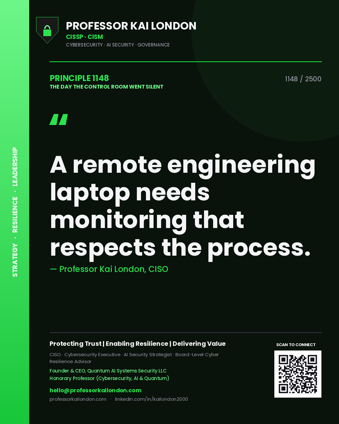 Professor Kai London principle 1148: A remote engineering laptop needs monitoring that respects the process.