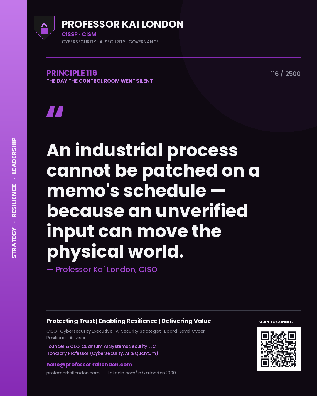 Quote card by Professor Kai London reading 'An industrial process cannot be patched on a memo's schedule — because an unverified input can move the physical world.'. From the book The Day the Control Room Went Silent.