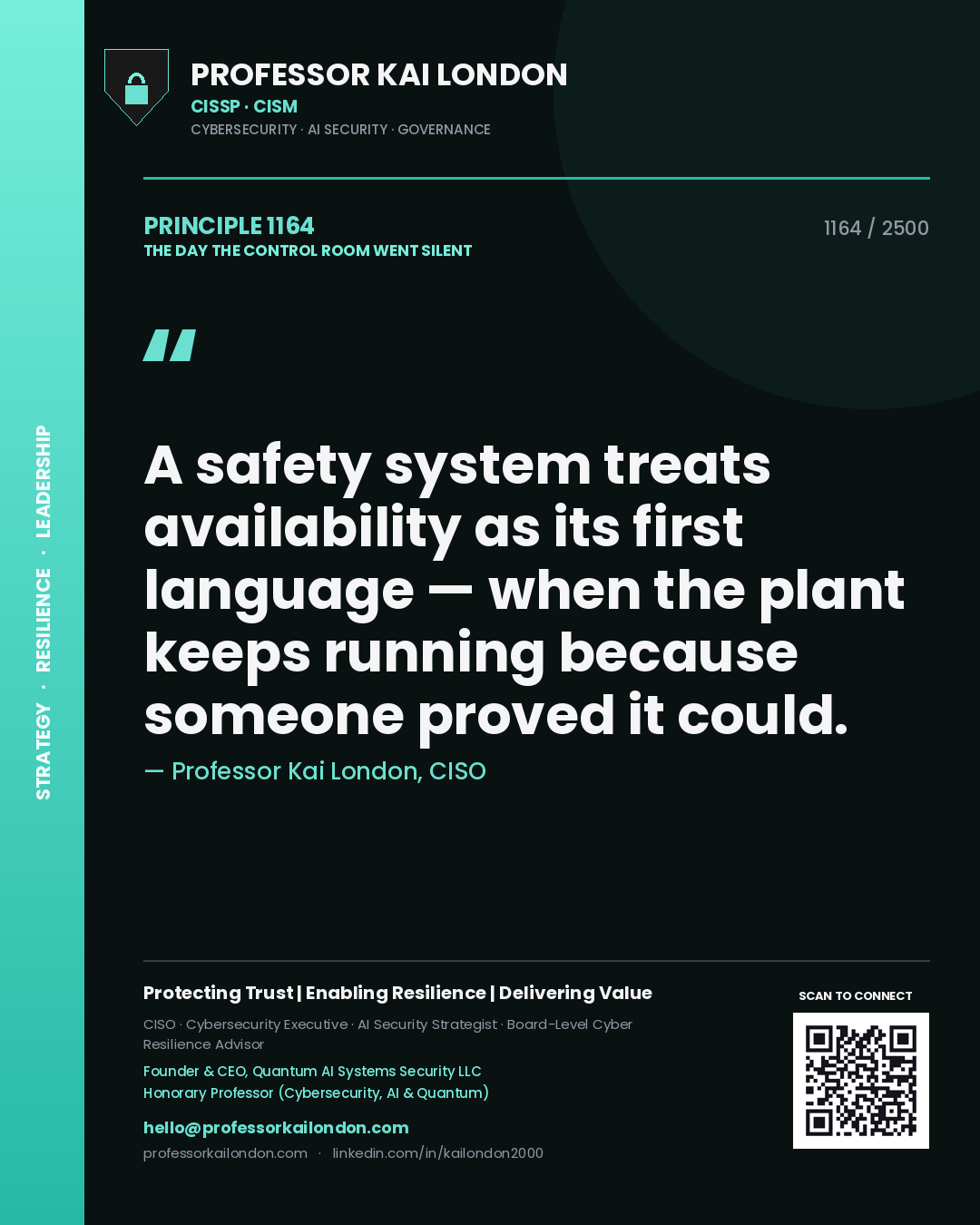 Professor Kai London principle 1164: A safety system treats availability as its first language — when the plant keeps running because someone proved it could.