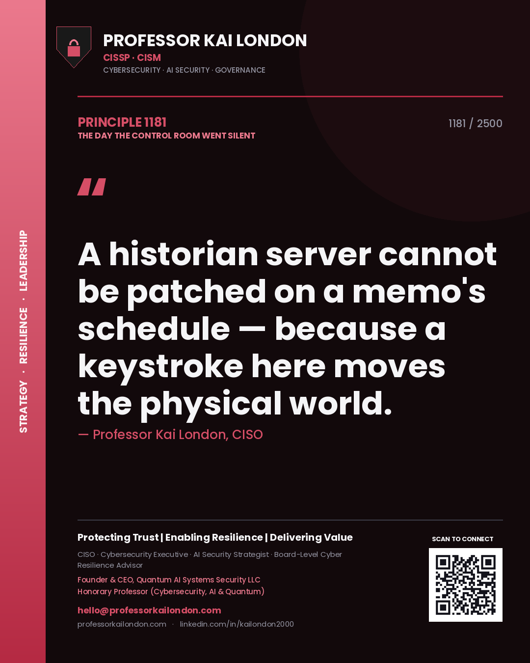 Professor Kai London principle 1181: A historian server cannot be patched on a memo's schedule — because a keystroke here moves the physical world.