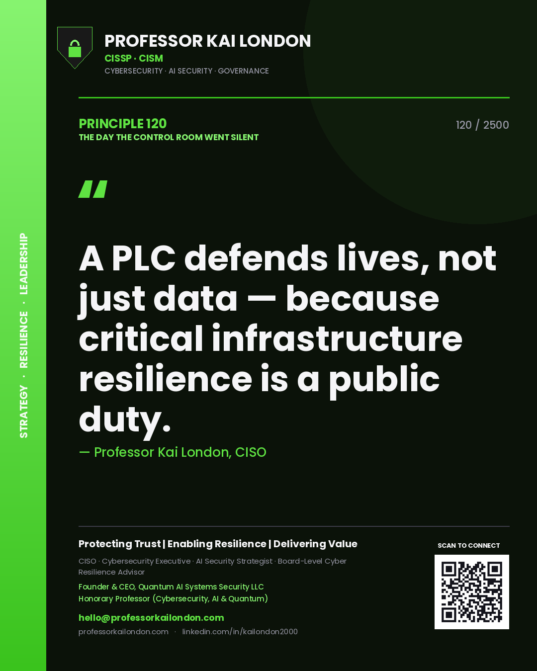 Quote card by Professor Kai London reading 'A PLC defends lives, not just data — because critical infrastructure resilience is a public duty.'. From the book The Day the Control Room Went Silent.