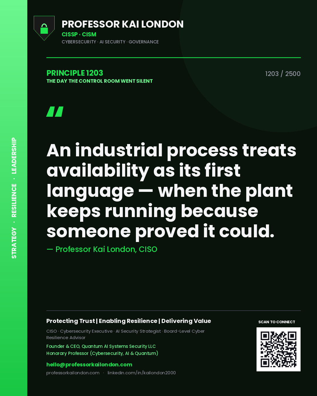 Quote card by Professor Kai London reading 'An industrial process treats availability as its first language — when the plant keeps running because someone proved it could.'. From the book The Day the Control Room Went Silent.