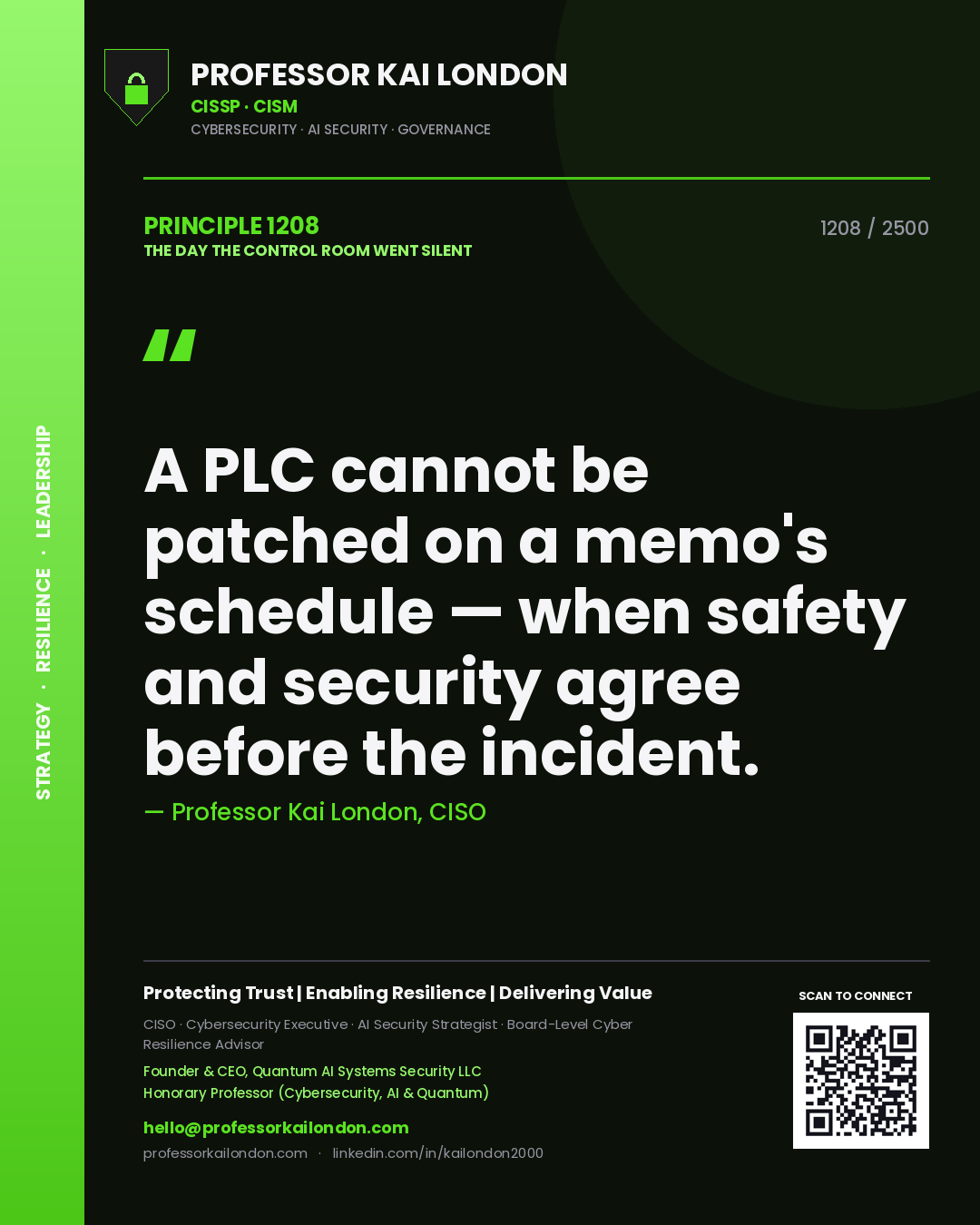 Quote card by Professor Kai London reading 'A PLC cannot be patched on a memo's schedule — when safety and security agree before the incident.'. From the book The Day the Control Room Went Silent.